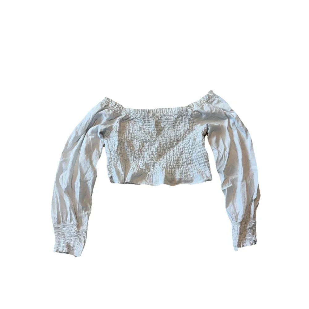 Zara White Smocked Puff Sleeve Ruffle Hem Crop Top Women Medium Coquette Cottage